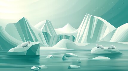Fototapeta premium Polar Bears on Ice Floes in Arctic Landscape Climate Change Illustration