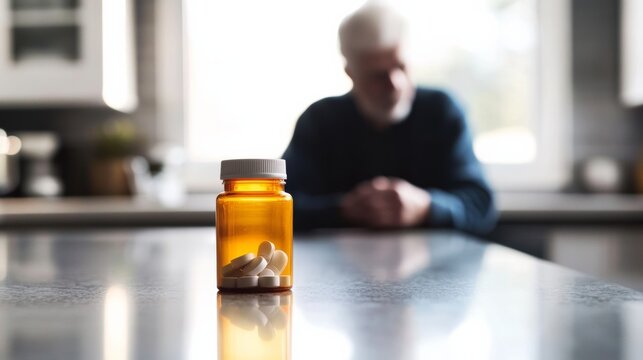 Dementia symptoms in a senior forgetting to take medication in a bedroom. Featuring forgetfulness and anxiety