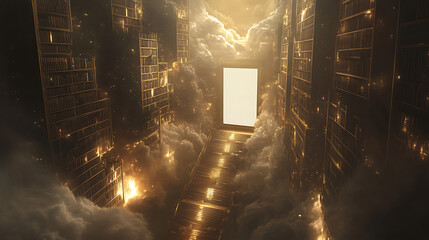 Abstract Golden Architecture Path Leading To A Bright Gate Through Fluffy White Clouds