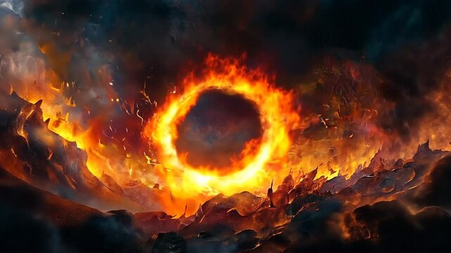 Abstract depiction of a fiery, ring-shaped inferno set against a dark, smoky nebula background.