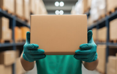 worker in protective gloves holds package in warehouse, showcasing safety and care