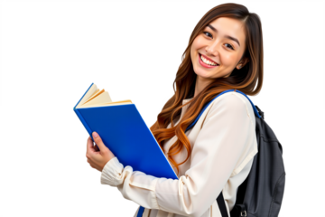 Smiling young woman with book, isolated on transparent background. Cheerful student portrait for education, learning, back to school designs, cutout for advertising and e-learning.
