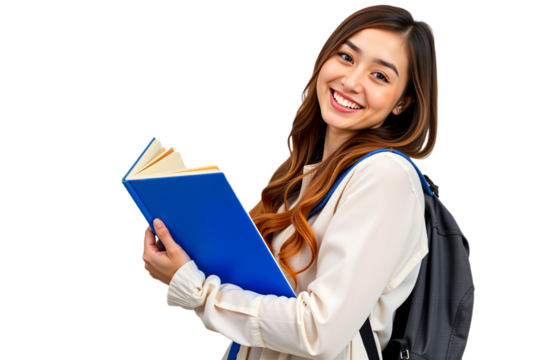 Smiling young woman with book, isolated on transparent background. Cheerful student portrait for education, learning, back to school designs, cutout for advertising and e-learning.