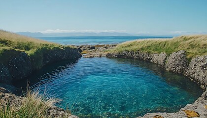 Fototapeta premium Icelandic Coastal Pool, Pristine Water, Panoramic View