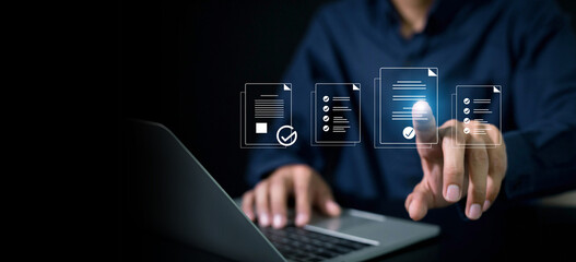 Businessman use document icon on virtual screen checklist and documentation management, business...