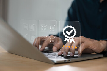 Quality assurance concept, businessman working with computers service Quality assurance, Guarantee, Standards, ISO