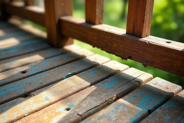 Naklejka premium Sun-Dappled Wooden Deck with Weathered Railing, Showing the Effects of Time and Elements
