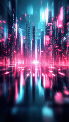 Obraz premium Futuristic cityscape with neon lights and digital effects creating vibrant atmosphere