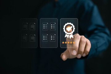 Quality assurance concept, businessman working with computers service Quality assurance, Guarantee, Standards, ISO