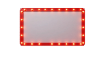 Red retro billboard lightbox or blank shining signboard with yellow glowing neon light bulbs isolated on transparent background 