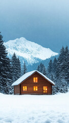 cozy wooden cabin surrounded by snow covered trees and mountains, creating serene winter atmosphere
