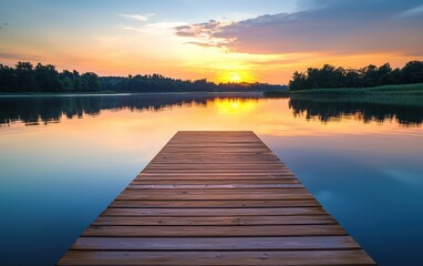 Fototapeta premium Professional stock photo of a Wooden Dock Extending into a Serene Lake at Sunset