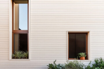 Modern architecture featuring windows and greenery in a minimalist design