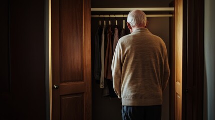 Dementia symptoms in a senior man forgetting how to dress himself. Featuring confusion and frustration