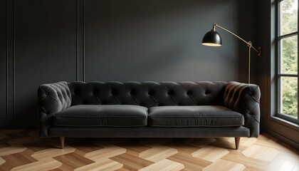 Dark Grey Sofa with Sophisticated Mood and Minimalist Style Against Dark Walls