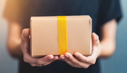 Hands holding package with yellow tape, ready for shipping and delivery