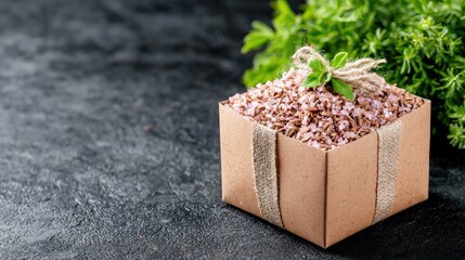 Red rice in gift box, herbs, dark background. Food packaging