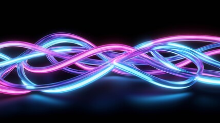 Vibrant neon fiber optic cables move rapidly, creating abstract patterns with multicolored lights against a dark backdrop, showcasing an electrifying visual effect
