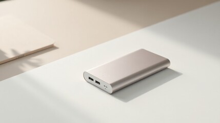 A Sleek Portable Power Bank Resting on a Minimalist Surface with Soft Natural Light