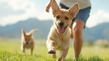 Happy puppy running in green field with another dog in background