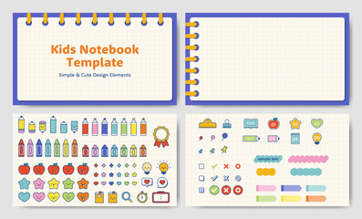 Spiral notebook templates and cute stationery design elements for kids. For class slides, presentations, educational videos, etc.