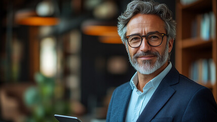 A confident mature man with silver hair and glasses, exuding calm assurance in a sophisticated setting, bathed in soft, warm light.