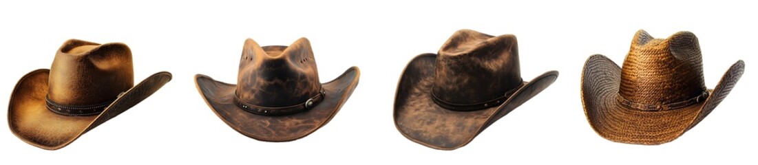 Variety of Cowboy Hats Isolated on White Background, Transparent PNG, Cut Out for Fashion Design