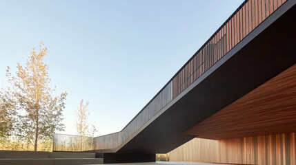 Obraz premium Modern architectural structure with a sleek design in a natural setting at dusk