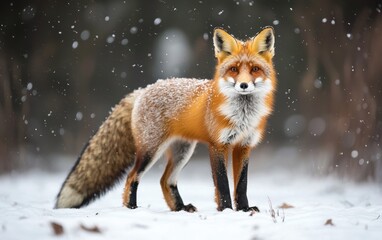 Fototapeta premium Professional stock photo of a Curious red fox standing in the snow with a fluffy tail