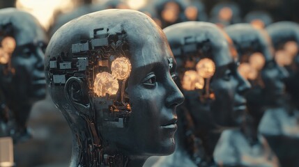 Illuminated Robotic Heads: A Futuristic, Darkly Lit Artwork