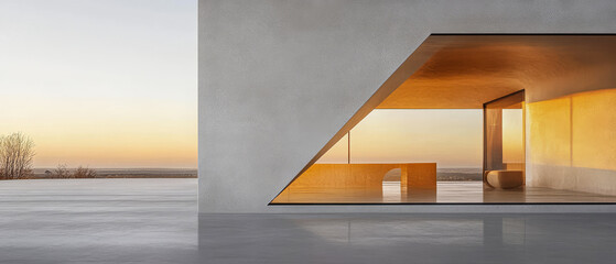 Modern architecture captures sunset colors in tranquil coastal setting