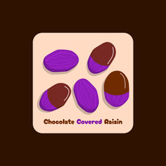 National Chocolate Covered Raisin Day to celebrate on March 24th. Several raisins covered in chocolate on dark brown background. Food event banner.