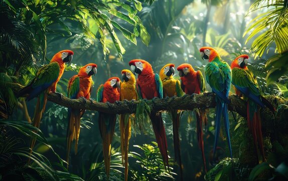 Professional stock photo of a Group of colorful parrots perched on a branch in a tropical rainforest