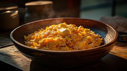 Delicious Scrambled Eggs with Butter in Rustic Setting
