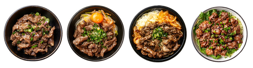 Assorted Korean Dishes in Black Bowls Isolated on White Background, Transparent PNG, Cut Out for Menu Design