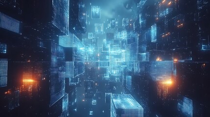 Futuristic digital cityscape with floating transparent cubes and glowing blue lights

