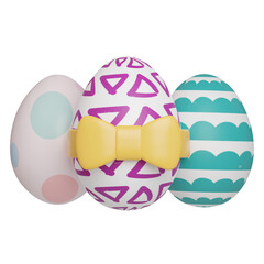 Trio of Decorated Easter Eggs with Patterns, Easter Egg Lollipop with Yellow Bow Decoration, Easter Egg icons. 3D Illustration Easter festive.