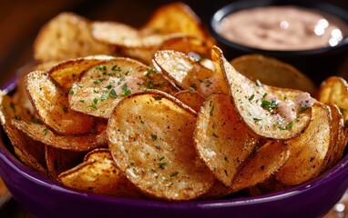 Spicy Cajun chips with remoulade sauce on a jazz-inspired purple background