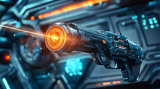 A futuristic laser gun, firing a bright orange energy beam, with a sci-fi background.