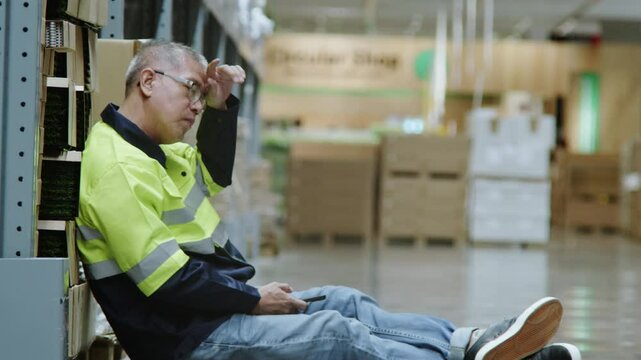 worker laying in warehouse after tiring work.