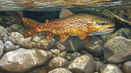 Obraz premium Brown trout swimming in a clear river, over rocks and pebbles.