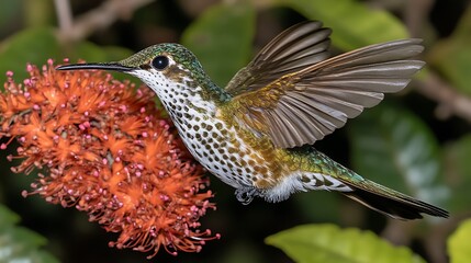 Vibrant hummingbird hovering near bright orange flower amidst lush green foliage