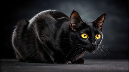 Obraz premium Ebony Majesty: A striking black cat with piercing yellow eyes, captured in a moment of poised stillness, emanating an aura of mystery and elegance.