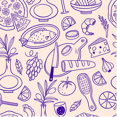 Seamless pattern with Italian cuisine. Hand drawn food background for wrapping paper, fabric and menu design. Vector illustration