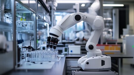 Robotic Arm Precisely Handling Test Tubes in Modern Lab: Clean, Clinical Aesthetic