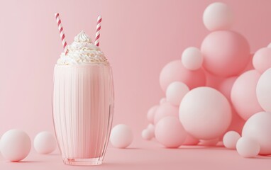 Suspended milkshake with whipped cream on a pastel pink background