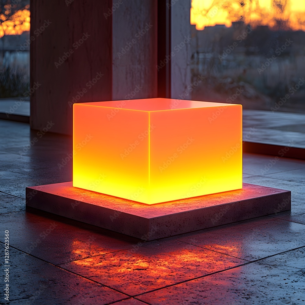 Canvas Prints glowing illuminated cube platform on seamless white backdrop for futuristic product presentation con