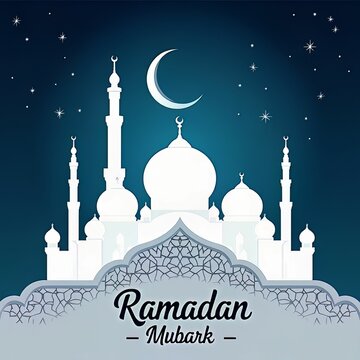 Ramadan Mubarak: White Mosque Silhouette and Crescent Moon