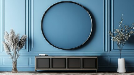 Fototapeta premium Interior features a blue wall with round mirror and decor