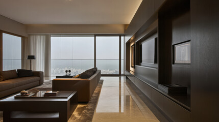 Modern living room with city skyline view during cloudy afternoon